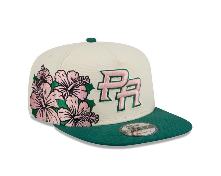 Puerto Rico New Era WBC 9FIFTY 950 Snapback A-Frame Cap Hat Chrome Crown Green Visor Pink/Green Logo With Rose