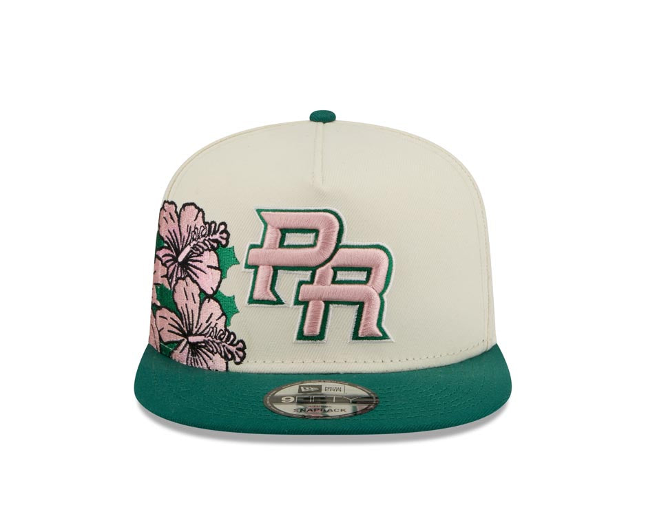 Puerto Rico New Era WBC 9FIFTY 950 Snapback A-Frame Cap Hat Chrome Crown Green Visor Pink/Green Logo With Rose
