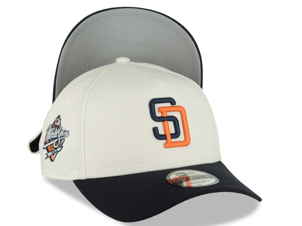 San Diego Padres New Era MLB 9FORTY 940 Adjustable A-Frame Cap Hat Cream Crown Navy Blue Visor Navy/Orange Logo 1998 World Series Side Patch