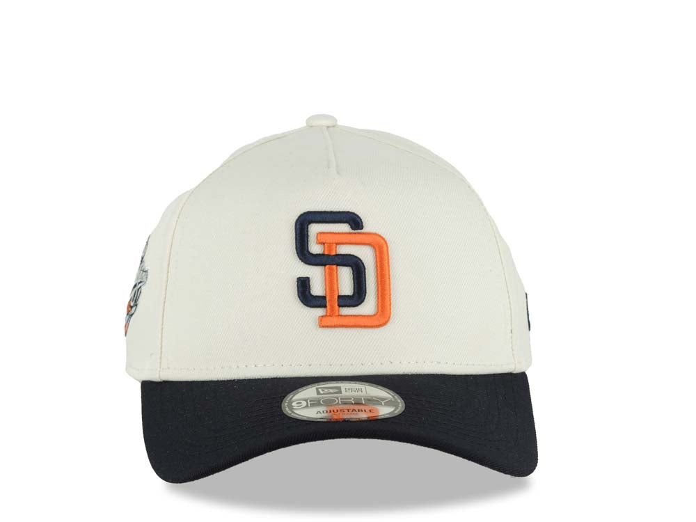San Diego Padres New Era MLB 9FORTY 940 Adjustable A-Frame Cap Hat Cream Crown Navy Blue Visor Navy/Orange Logo 1998 World Series Side Patch
