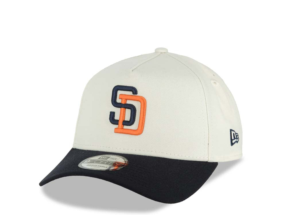 San Diego Padres New Era MLB 9FORTY 940 Adjustable A-Frame Cap Hat Cream Crown Navy Blue Visor Navy/Orange Logo 1998 World Series Side Patch