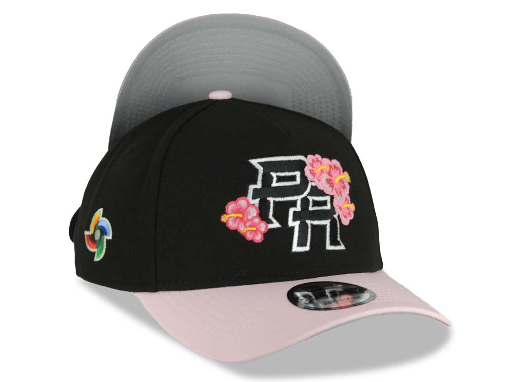 Puerto Rico New Era 9FORTY 940 Adjustable A-Frame Cap Hat Black Crown Pink Visor Black/White Logo Pink Flower WBC World Baseball Classic Side Patch