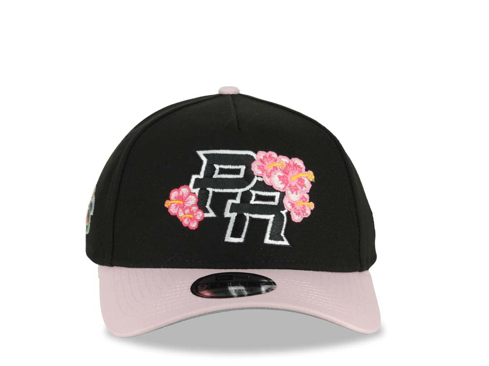 Puerto Rico New Era 9FORTY 940 Adjustable A-Frame Cap Hat Black Crown Pink Visor Black/White Logo Pink Flower WBC World Baseball Classic Side Patch