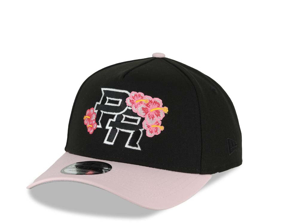 Puerto Rico New Era 9FORTY 940 Adjustable A-Frame Cap Hat Black Crown Pink Visor Black/White Logo Pink Flower WBC World Baseball Classic Side Patch