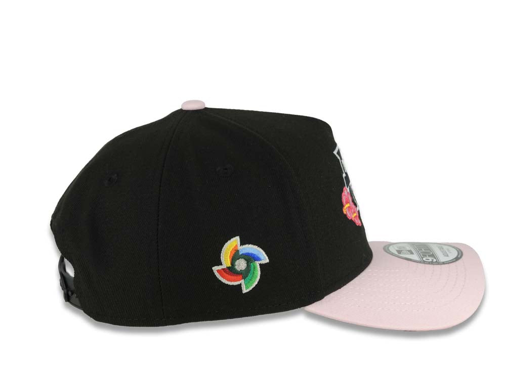 Puerto Rico New Era 9FORTY 940 Adjustable A-Frame Cap Hat Black Crown Pink Visor Black/White Logo Pink Flower WBC World Baseball Classic Side Patch