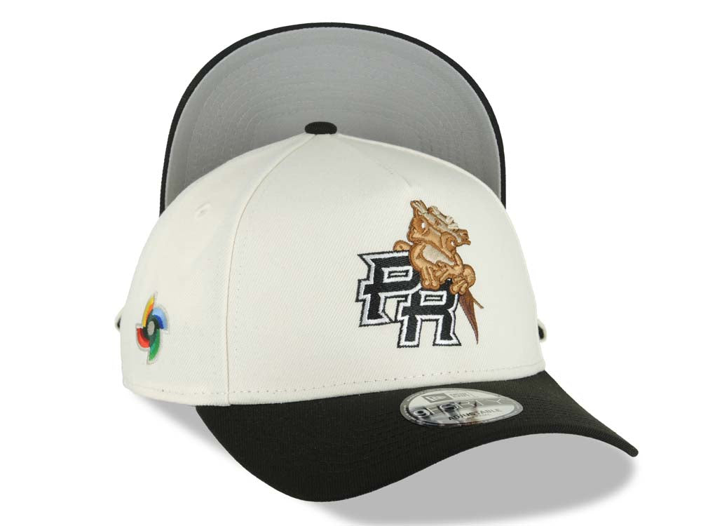 Puerto Rico New Era 9FORTY 940 Adjustable A-Frame Cap Hat Chrome White Crown Black Visor Black White Logo Frog WBC World Baseball Classic Side Patch