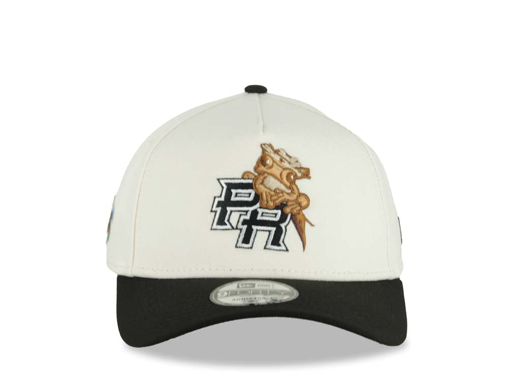 Puerto Rico New Era 9FORTY 940 Adjustable A-Frame Cap Hat Chrome White Crown Black Visor Black White Logo Frog WBC World Baseball Classic Side Patch