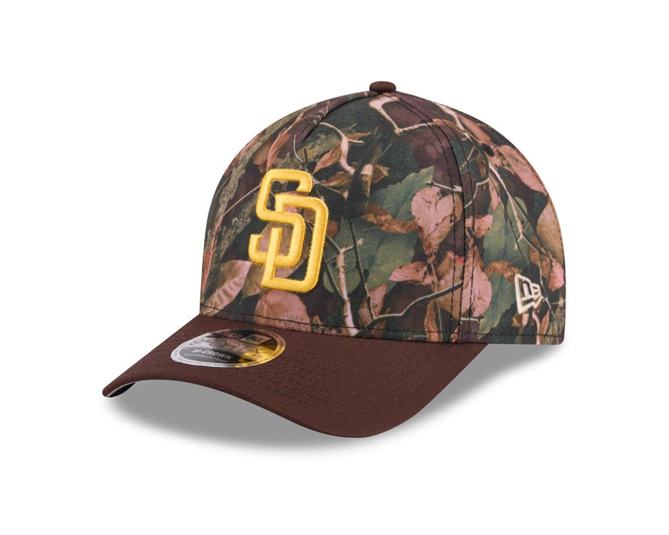 San Diego Padres New Era MLB 9FORTY 940 Adjustable A-Frame M-Crown Cap Hat Leaves Camo Crown Brown Visor Yellow Logo