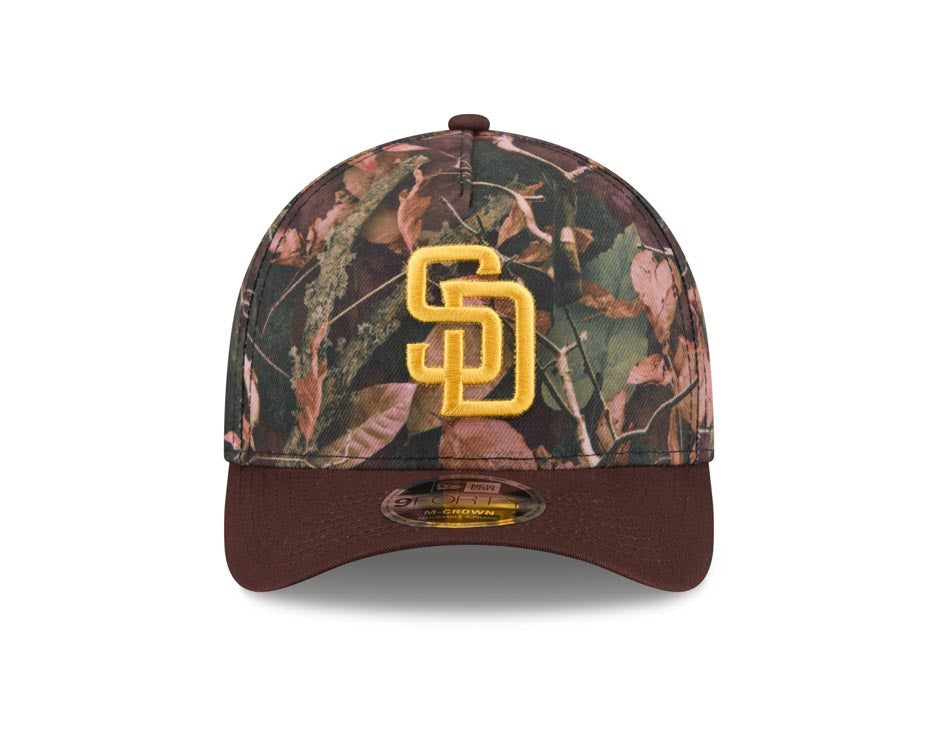San Diego Padres New Era MLB 9FORTY 940 Adjustable A-Frame M-Crown Cap Hat Leaves Camo Crown Brown Visor Yellow Logo