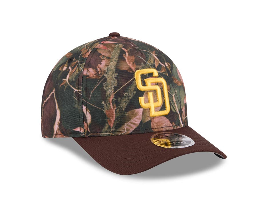 San Diego Padres New Era MLB 9FORTY 940 Adjustable A-Frame M-Crown Cap Hat Leaves Camo Crown Brown Visor Yellow Logo