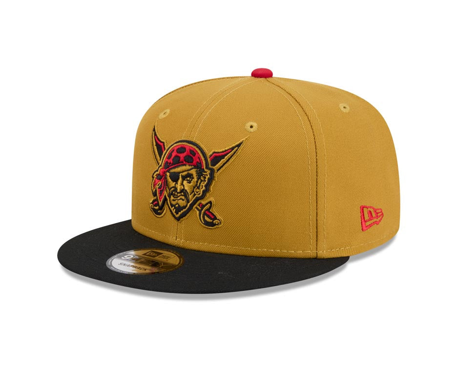 Pittsburgh Pirates New Era MLB 9FIFTY 950 Snapback Cap Hat Tan Crown Black Visor Tan/Black Face/Head Logo Gray UV (2026 City Connect)
