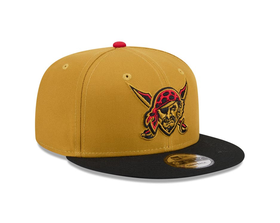 Pittsburgh Pirates New Era MLB 9FIFTY 950 Snapback Cap Hat Tan Crown Black Visor Tan/Black Face/Head Logo Gray UV (2026 City Connect)