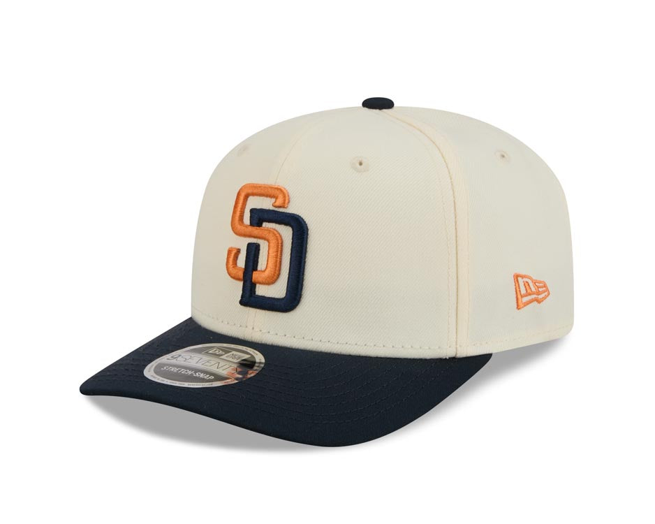 San Diego Padres New Era MLB 9SEVENTY 970 Snapback Cap Hat Chrome White Crown Navy Blue Visor Orange/Navy Logo Navy Blue UV (2026 City Connect 2.0)