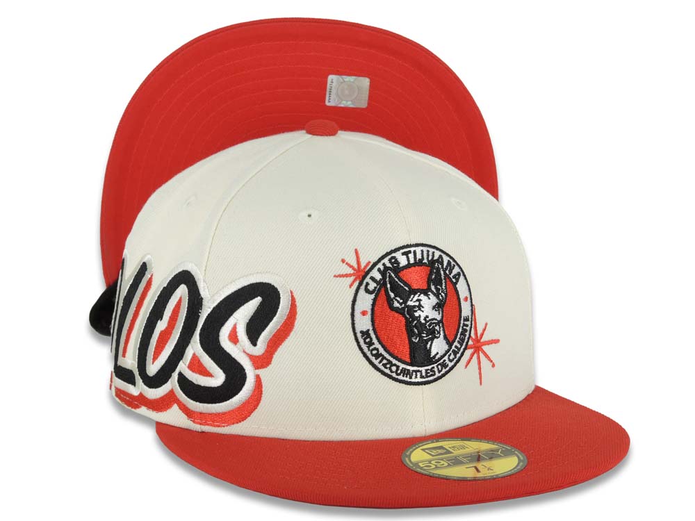 Xolos de Tijuana New Era Liga MX 59FIFTY 5950 Fitted Cap Hat Cream Crown Red Visor Team Color Logo Xolos Script Side Patch Red UV