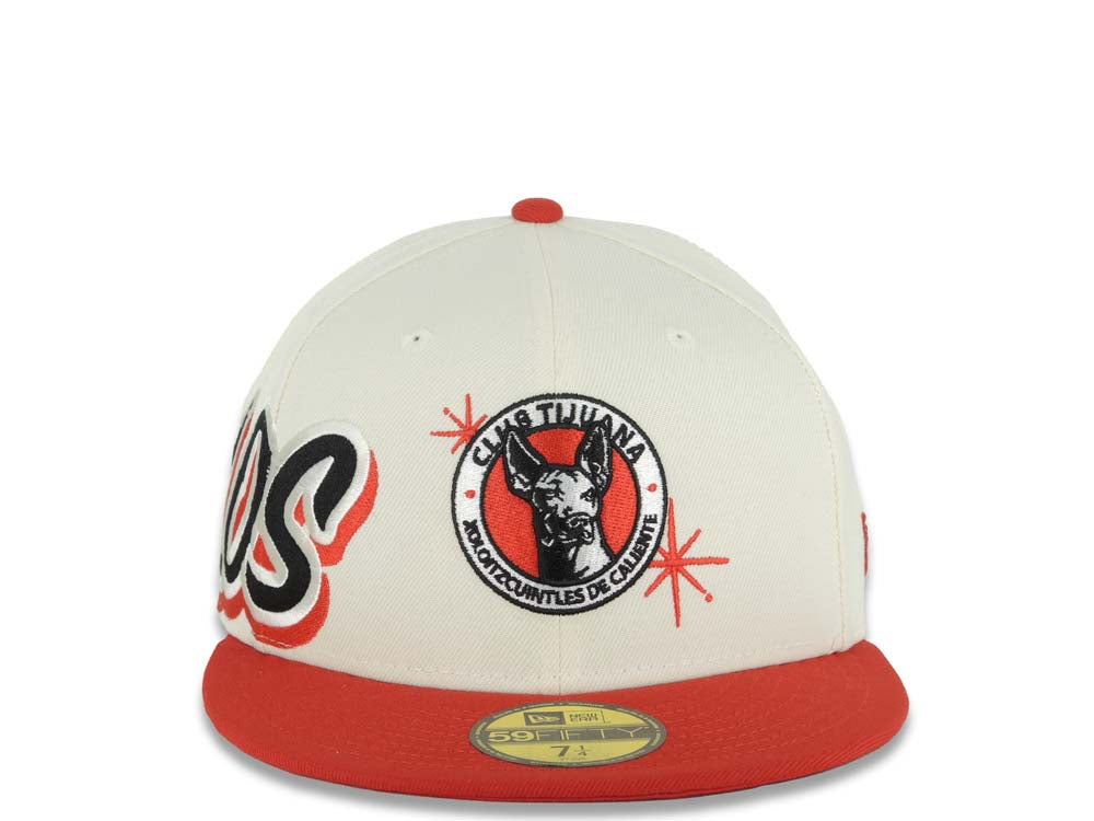 Xolos de Tijuana New Era Liga MX 59FIFTY 5950 Fitted Cap Hat Cream Crown Red Visor Team Color Logo Xolos Script Side Patch Red UV