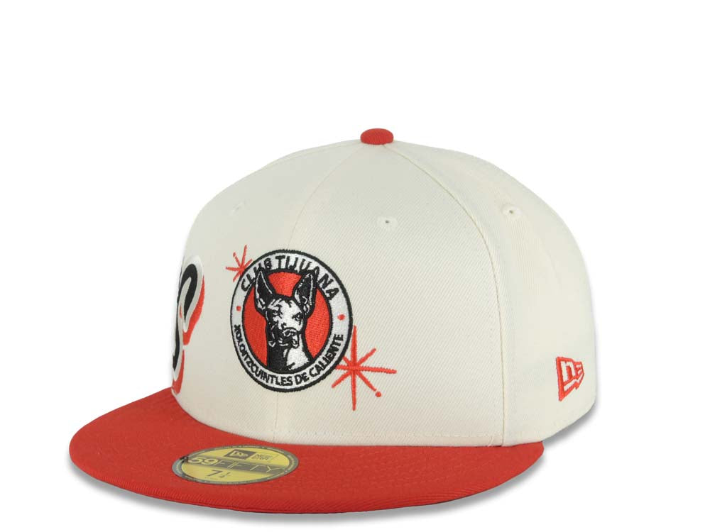 Xolos de Tijuana New Era Liga MX 59FIFTY 5950 Fitted Cap Hat Cream Crown Red Visor Team Color Logo Xolos Script Side Patch Red UV