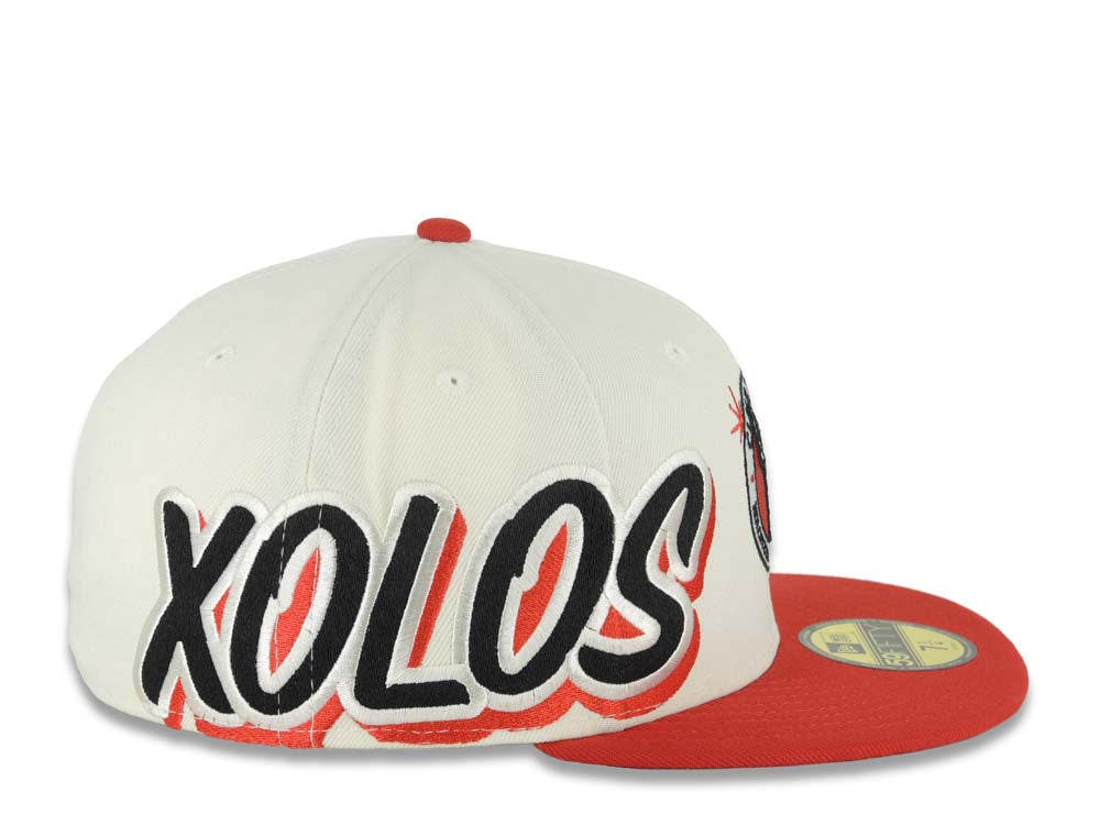Xolos de Tijuana New Era Liga MX 59FIFTY 5950 Fitted Cap Hat Cream Crown Red Visor Team Color Logo Xolos Script Side Patch Red UV