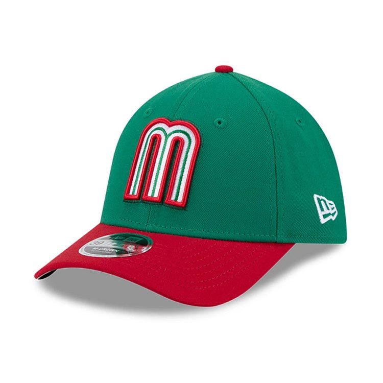 Mexico New Era WBC World Baseball Classic  39THIRTY 3930 Flexfit Cap Hat Green Crown Red Visor Team Color Logo Mexico Flag Side Patch Gray UV