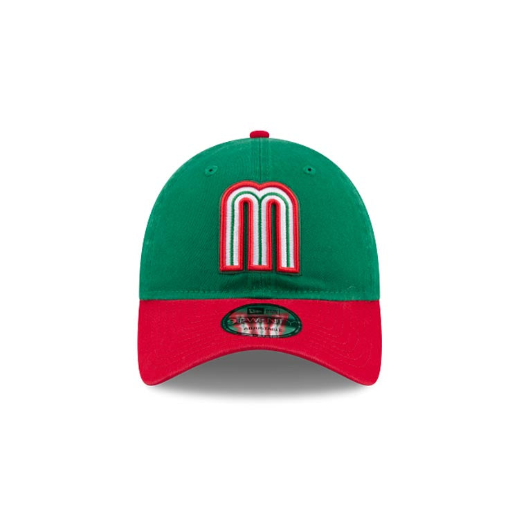 Mexico New Era WBC World Baseball Classic 9TWENTY 920 Adjustable Cap Hat Green Crown Red Visor Team Color Logo Mexico Flag Side Patch Gray UV