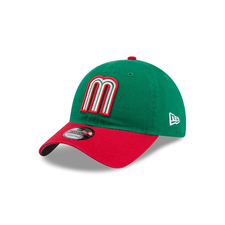 Mexico New Era WBC World Baseball Classic 9TWENTY 920 Adjustable Cap Hat Green Crown Red Visor Team Color Logo Mexico Flag Side Patch Gray UV