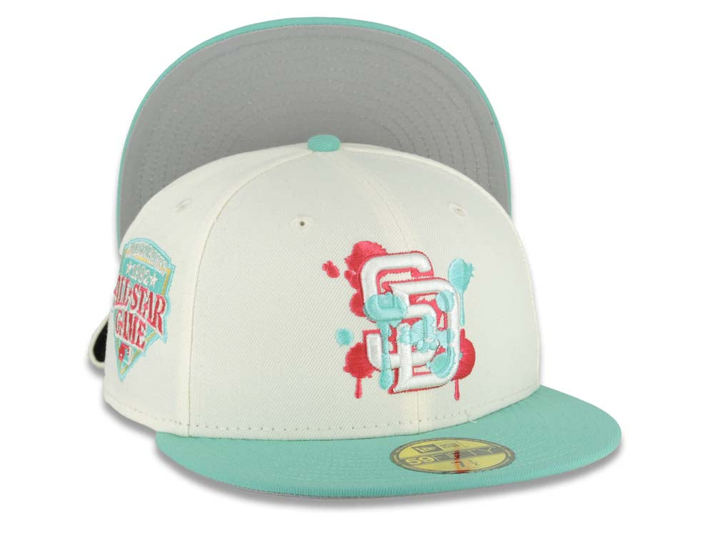 San Diego Padres New Era MLB 59FIFTY 5950 Fitted Cap Hat Cream Crown Light Teal Visor White/Red/Light Teal Splatter Logo 1992 All-Star Game Side Patch