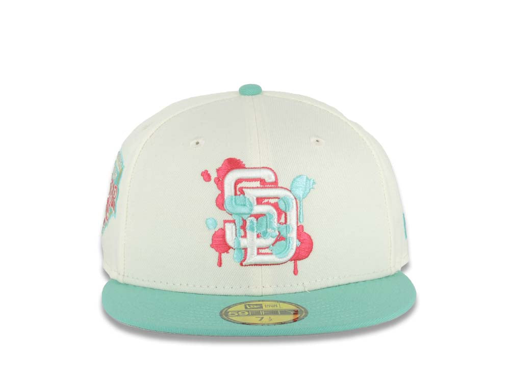 San Diego Padres New Era MLB 59FIFTY 5950 Fitted Cap Hat Cream Crown Light Teal Visor White/Red/Light Teal Splatter Logo 1992 All-Star Game Side Patch