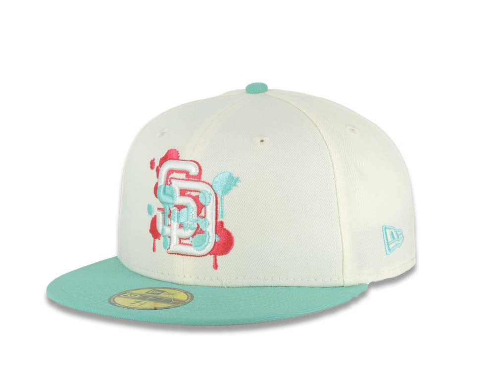 San Diego Padres New Era MLB 59FIFTY 5950 Fitted Cap Hat Cream Crown Light Teal Visor White/Red/Light Teal Splatter Logo 1992 All-Star Game Side Patch