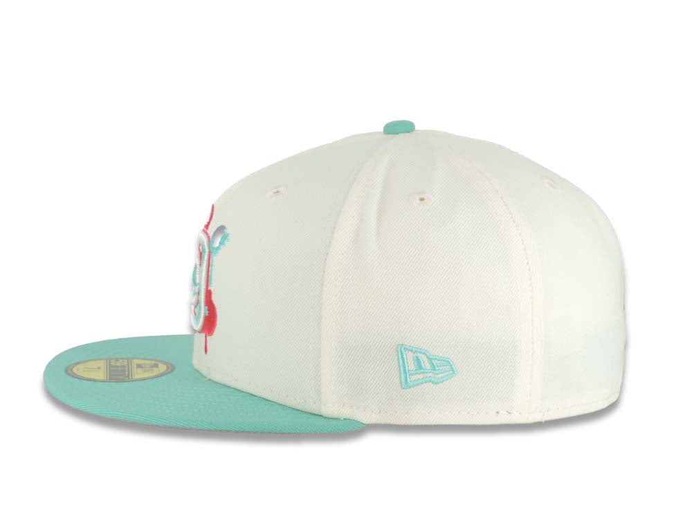 San Diego Padres New Era MLB 59FIFTY 5950 Fitted Cap Hat Cream Crown Light Teal Visor White/Red/Light Teal Splatter Logo 1992 All-Star Game Side Patch