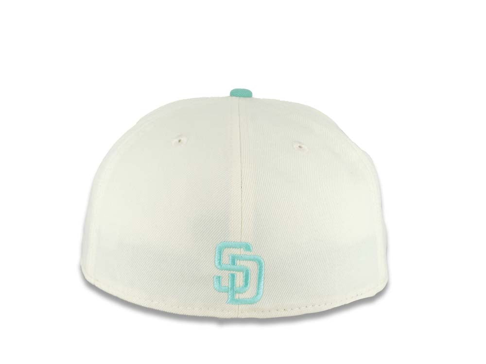 San Diego Padres New Era MLB 59FIFTY 5950 Fitted Cap Hat Cream Crown Light Teal Visor White/Red/Light Teal Splatter Logo 1992 All-Star Game Side Patch