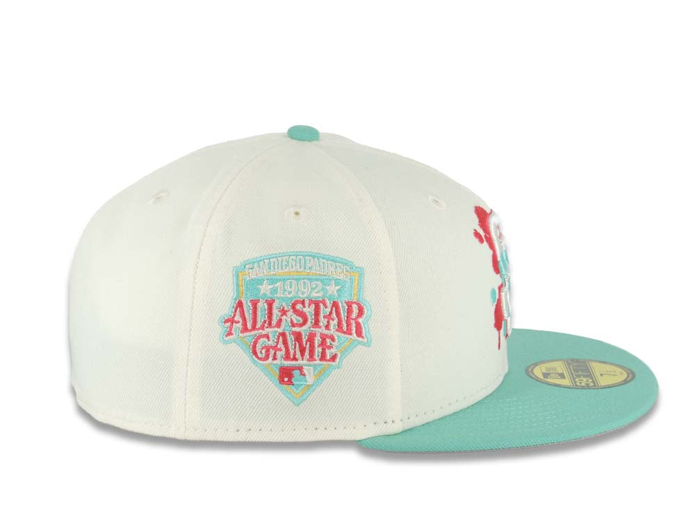 San Diego Padres New Era MLB 59FIFTY 5950 Fitted Cap Hat Cream Crown Light Teal Visor White/Red/Light Teal Splatter Logo 1992 All-Star Game Side Patch