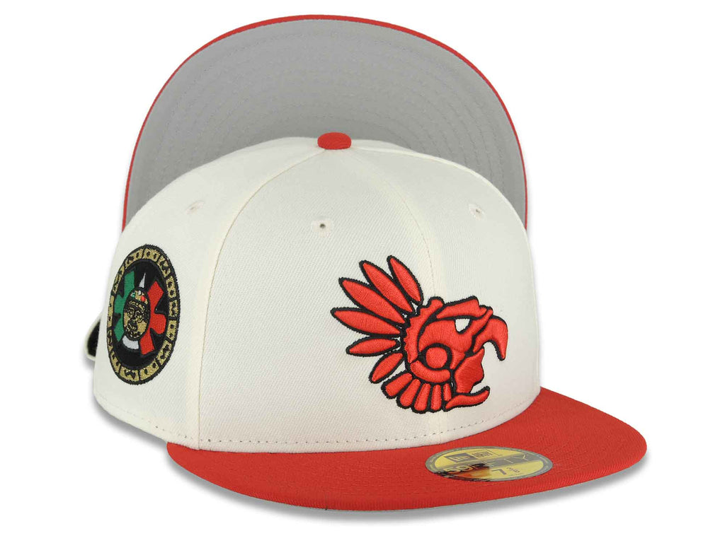 Mexico Aztec New Era 59FIFTY 5950 Fitted Cap Hat Chrome White Crown Red Visor Red/Black Aztec Headdress Logo Aztec Calendar Side Patch Gray UV