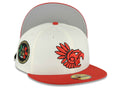 Mexico Aztec New Era 59FIFTY 5950 Fitted Cap Hat Chrome White Crown Red Visor Red/Black Aztec Headdress Logo Aztec Calendar Side Patch Gray UV