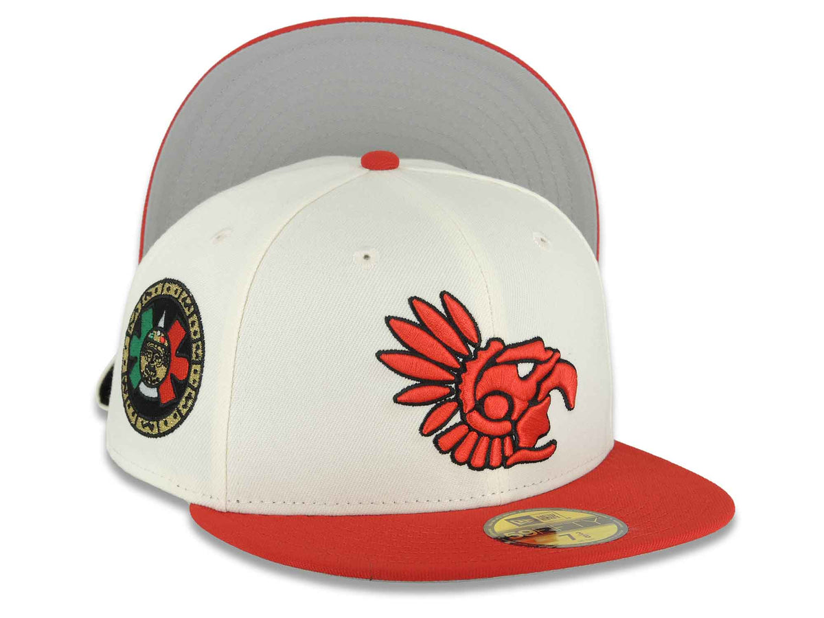 Mexico Aztec New Era 59FIFTY 5950 Fitted Cap Hat Chrome White Crown Red Visor Red/Black Aztec Headdress Logo Aztec Calendar Side Patch Gray UV