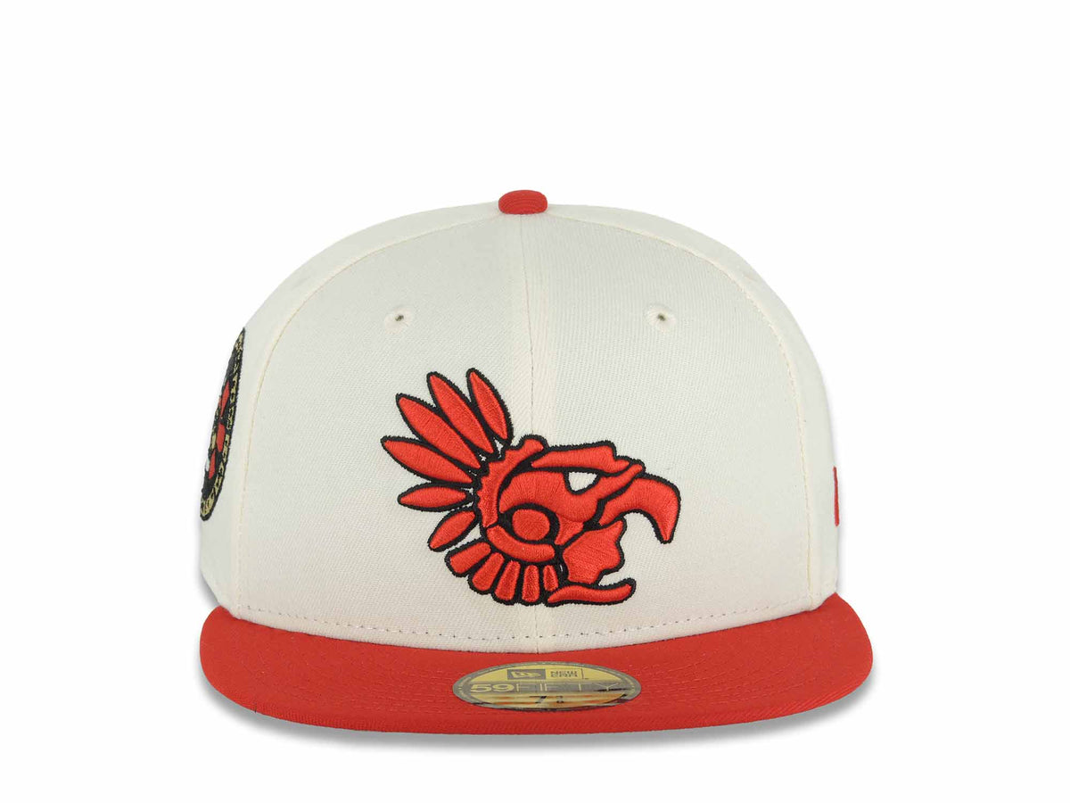 Mexico Aztec New Era 59FIFTY 5950 Fitted Cap Hat Chrome White Crown Red Visor Red/Black Aztec Headdress Logo Aztec Calendar Side Patch Gray UV