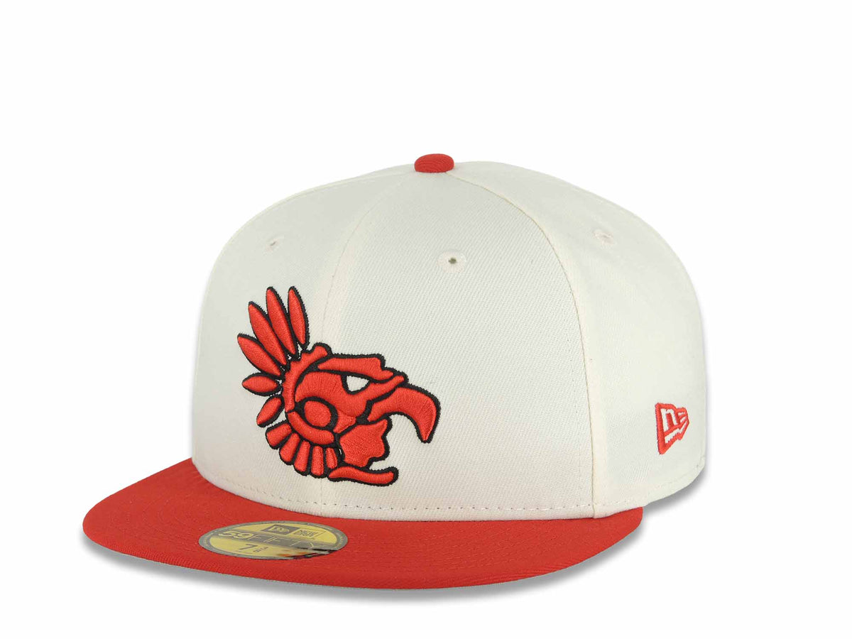 Mexico Aztec New Era 59FIFTY 5950 Fitted Cap Hat Chrome White Crown Red Visor Red/Black Aztec Headdress Logo Aztec Calendar Side Patch Gray UV