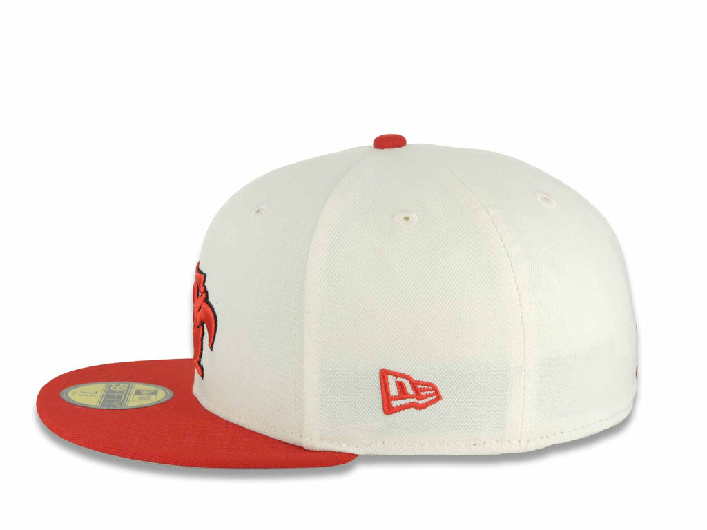 Mexico Aztec New Era 59FIFTY 5950 Fitted Cap Hat Chrome White Crown Red Visor Red/Black Aztec Headdress Logo Aztec Calendar Side Patch Gray UV