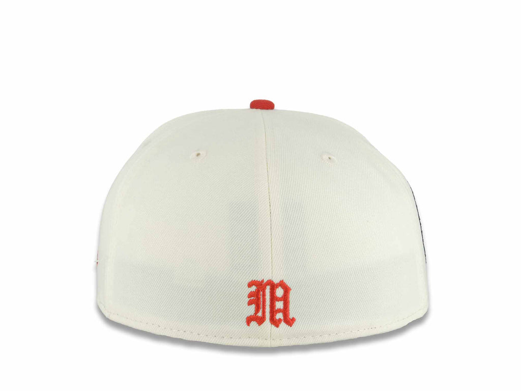 Mexico Aztec New Era 59FIFTY 5950 Fitted Cap Hat Chrome White Crown Red Visor Red/Black Aztec Headdress Logo Aztec Calendar Side Patch Gray UV