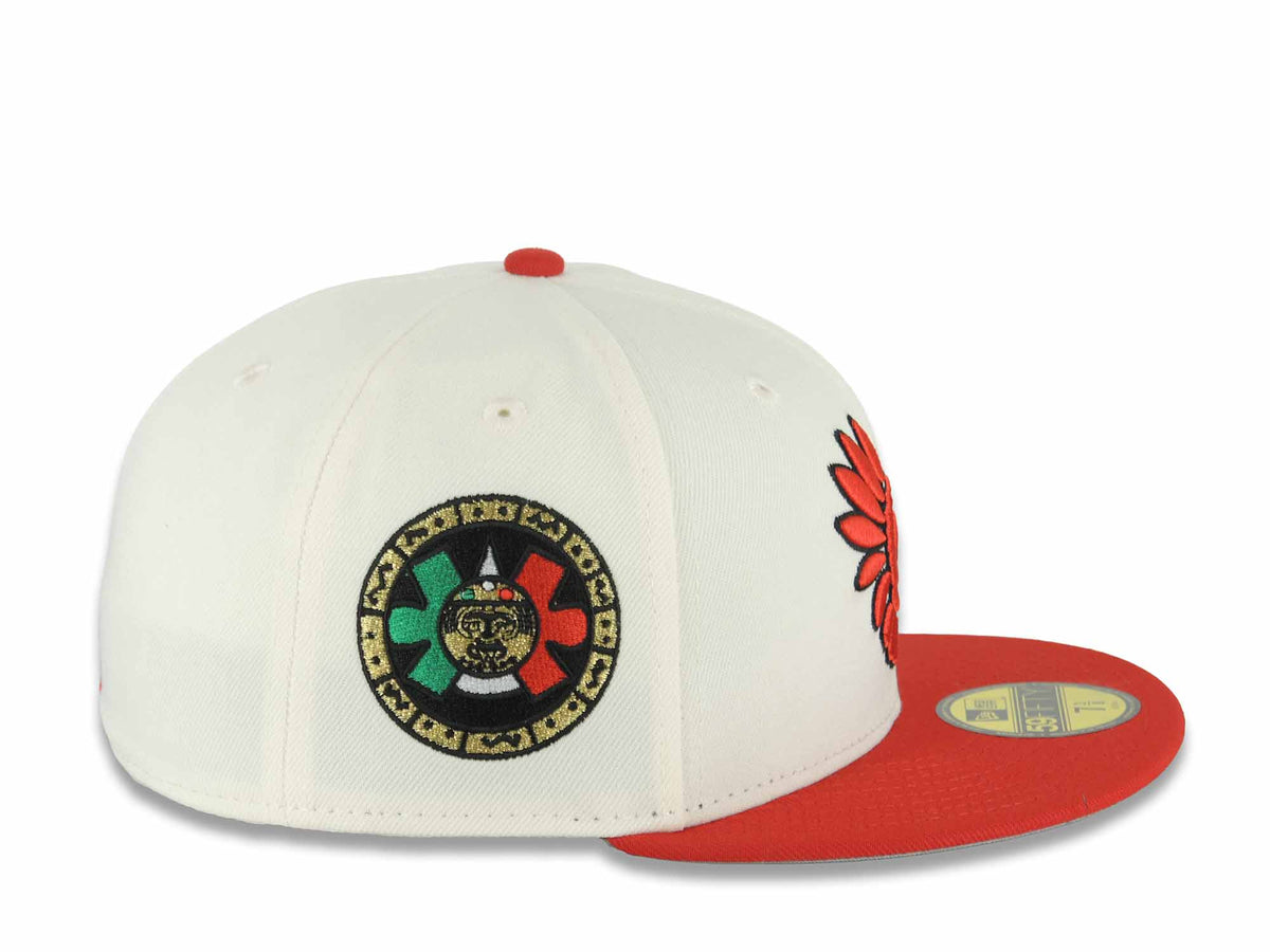 Mexico Aztec New Era 59FIFTY 5950 Fitted Cap Hat Chrome White Crown Red Visor Red/Black Aztec Headdress Logo Aztec Calendar Side Patch Gray UV
