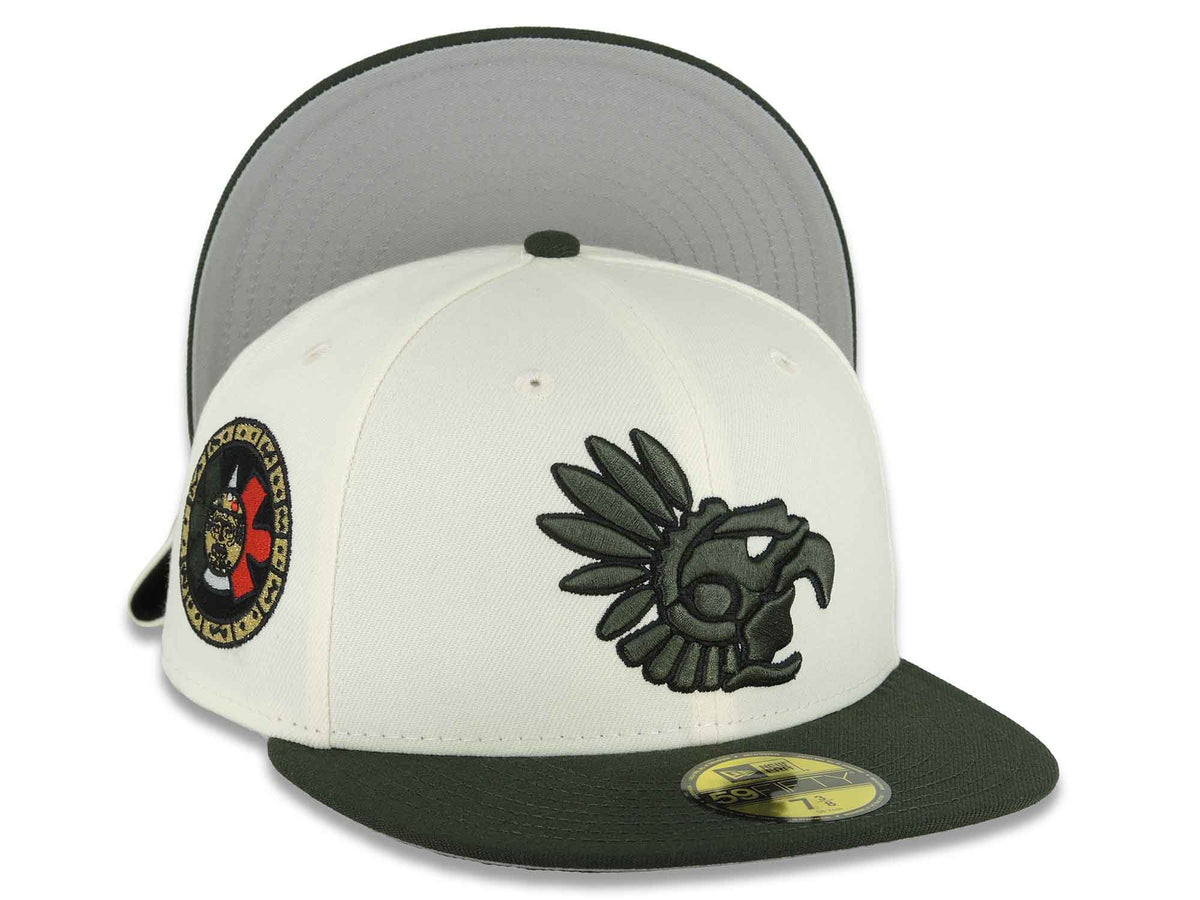 Mexico Aztec New Era 59FIFTY 5950 Fitted Cap Hat Chrome White Crown Dark Green Visor Green/Black Headdress Logo Aztec Calendar Side Patch Gray UV