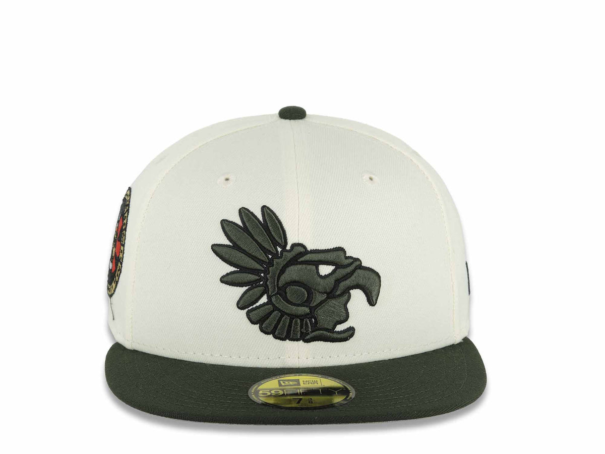 Mexico Aztec New Era 59FIFTY 5950 Fitted Cap Hat Chrome White Crown Dark Green Visor Green/Black Headdress Logo Aztec Calendar Side Patch Gray UV