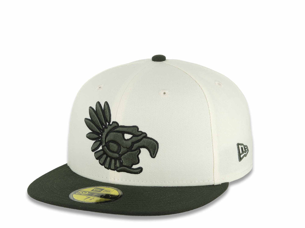 Mexico Aztec New Era 59FIFTY 5950 Fitted Cap Hat Chrome White Crown Dark Green Visor Green/Black Headdress Logo Aztec Calendar Side Patch Gray UV