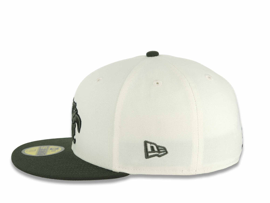 Mexico Aztec New Era 59FIFTY 5950 Fitted Cap Hat Chrome White Crown Dark Green Visor Green/Black Headdress Logo Aztec Calendar Side Patch Gray UV