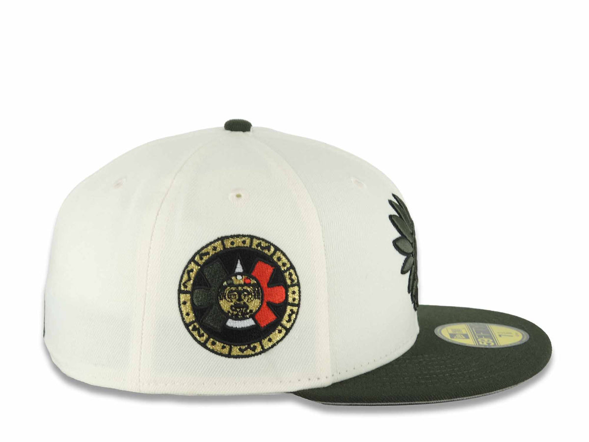 Mexico Aztec New Era 59FIFTY 5950 Fitted Cap Hat Chrome White Crown Dark Green Visor Green/Black Headdress Logo Aztec Calendar Side Patch Gray UV