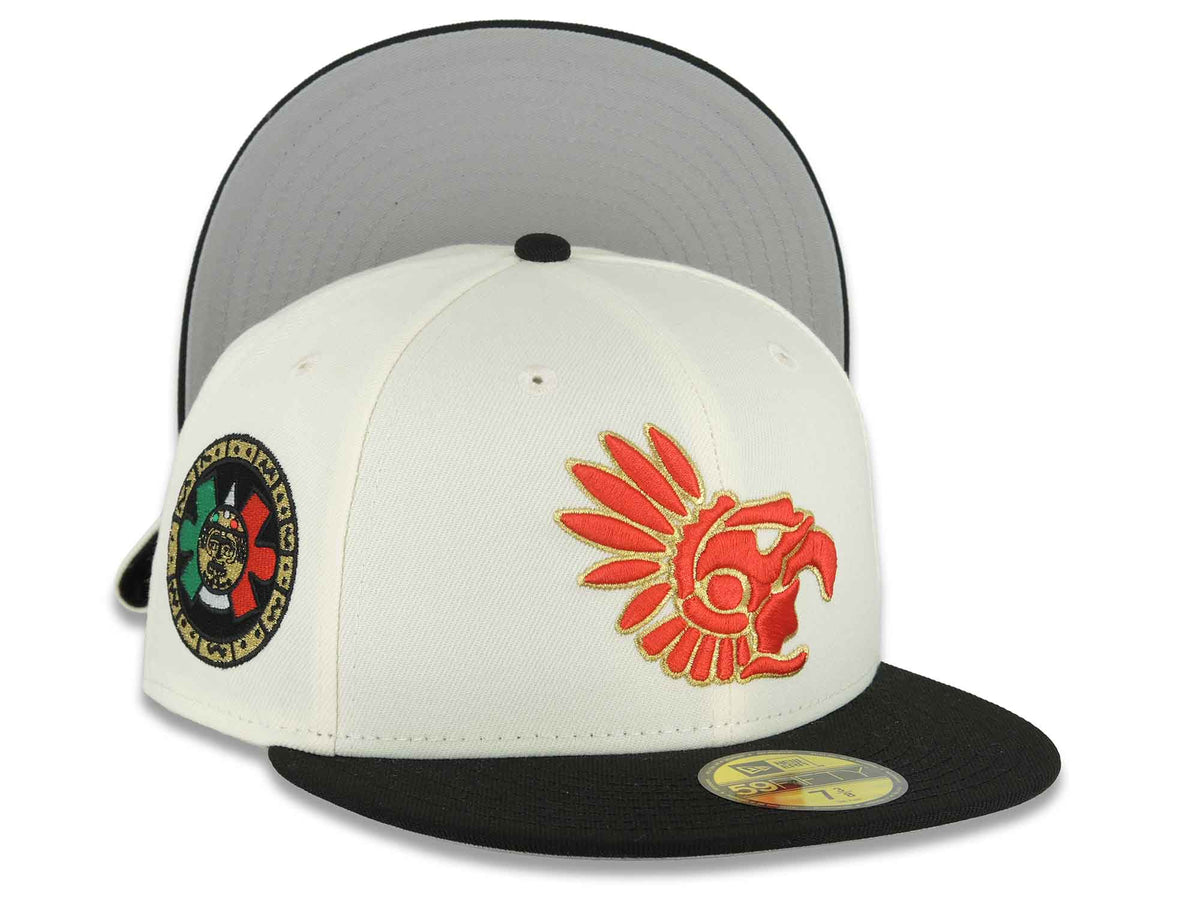Mexico Aztec New Era 59FIFTY 5950 Fitted Cap Hat Chrome White Crown Black Visor Red/Metallic Gold Headdress Logo Aztec Calendar Side Patch Gray UV