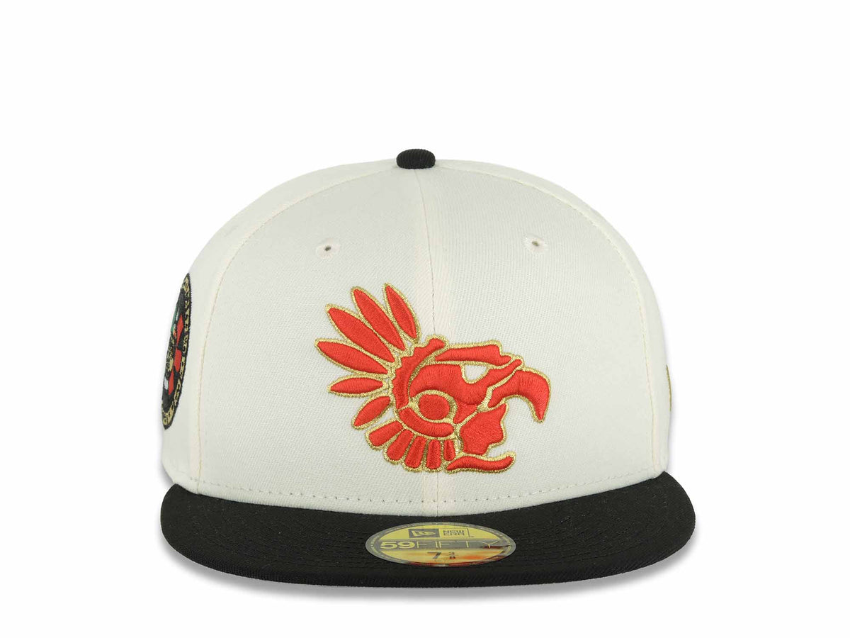 Mexico Aztec New Era 59FIFTY 5950 Fitted Cap Hat Chrome White Crown Black Visor Red/Metallic Gold Headdress Logo Aztec Calendar Side Patch Gray UV
