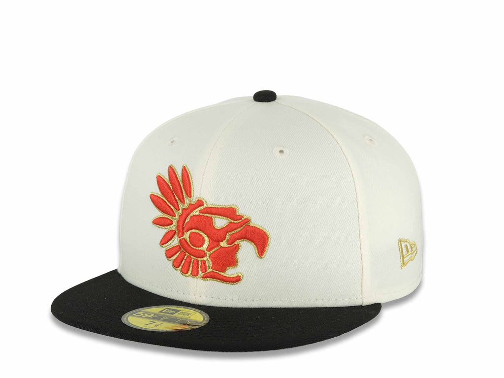 Mexico Aztec New Era 59FIFTY 5950 Fitted Cap Hat Chrome White Crown Black Visor Red/Metallic Gold Headdress Logo Aztec Calendar Side Patch Gray UV