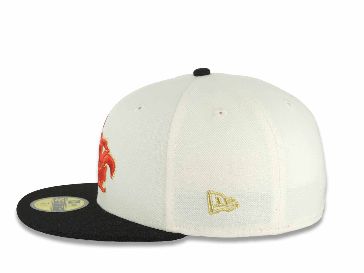 Mexico Aztec New Era 59FIFTY 5950 Fitted Cap Hat Chrome White Crown Black Visor Red/Metallic Gold Headdress Logo Aztec Calendar Side Patch Gray UV