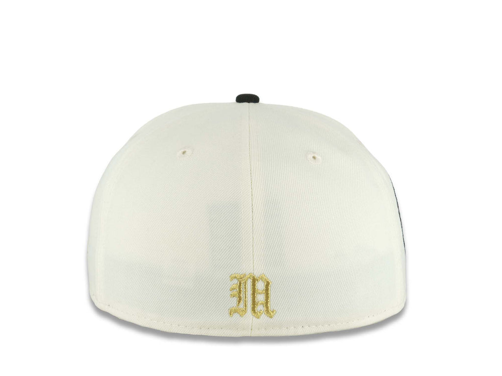 Mexico Aztec New Era 59FIFTY 5950 Fitted Cap Hat Chrome White Crown Black Visor Red/Metallic Gold Headdress Logo Aztec Calendar Side Patch Gray UV