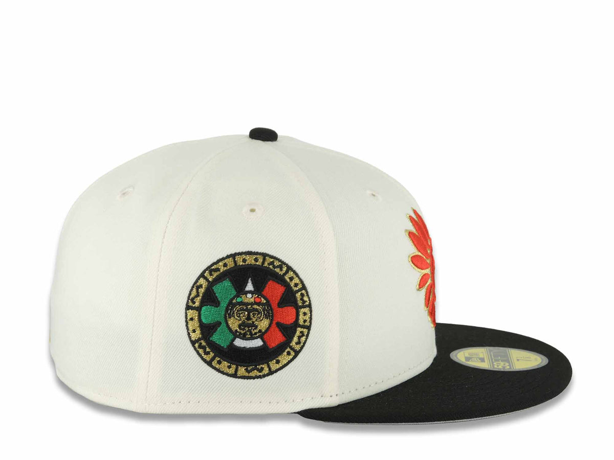 Mexico Aztec New Era 59FIFTY 5950 Fitted Cap Hat Chrome White Crown Black Visor Red/Metallic Gold Headdress Logo Aztec Calendar Side Patch Gray UV