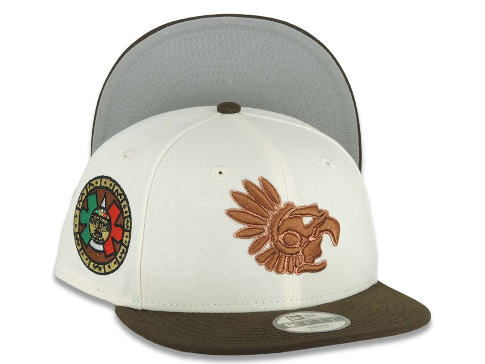 (Youth) Mexico Aztec New Era 9FIFTY 950 Kid Snapback Cap Hat Cream Crown Brown Visor Brown Headdress Logo Aztec Calendar Side Patch